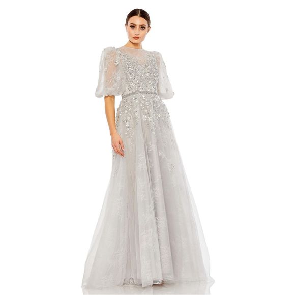 MAC DUGGAL EMBELLISHED PUFF SLEEVE A LINE GOWN - Picture 1 of 11